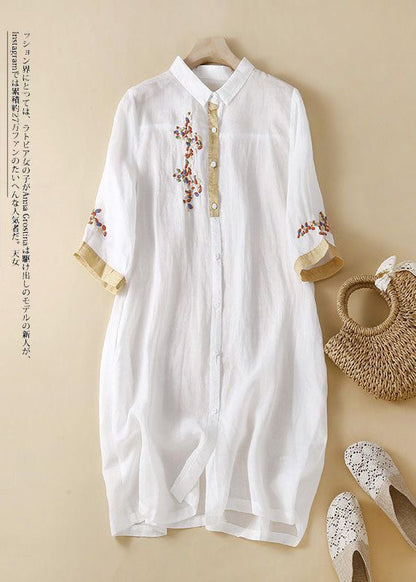 Pink Embroidered Patchwork Linen Shirt Dress Summer