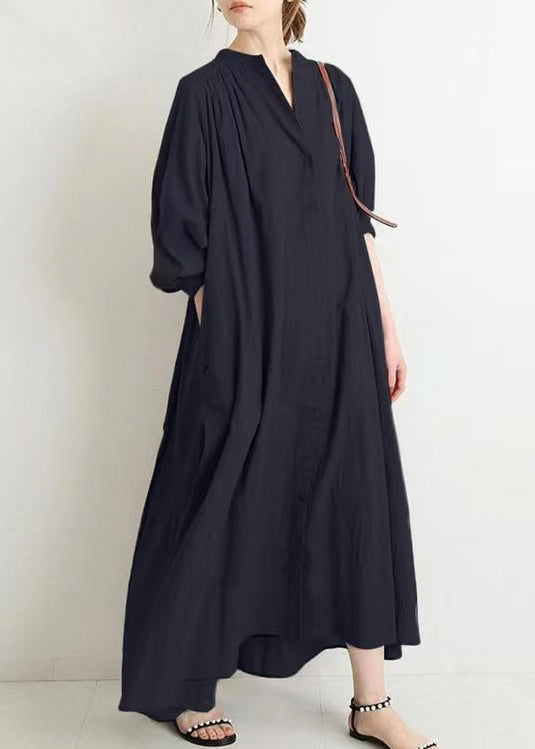 Apricot O Neck Button Cotton Shirts Dress Spring