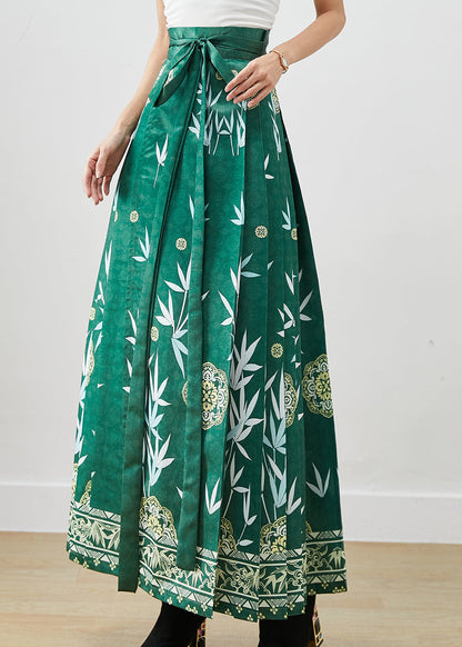 Green Bamboo Leaf Print Exra Large Hem Silk Pleated Skirts Fall