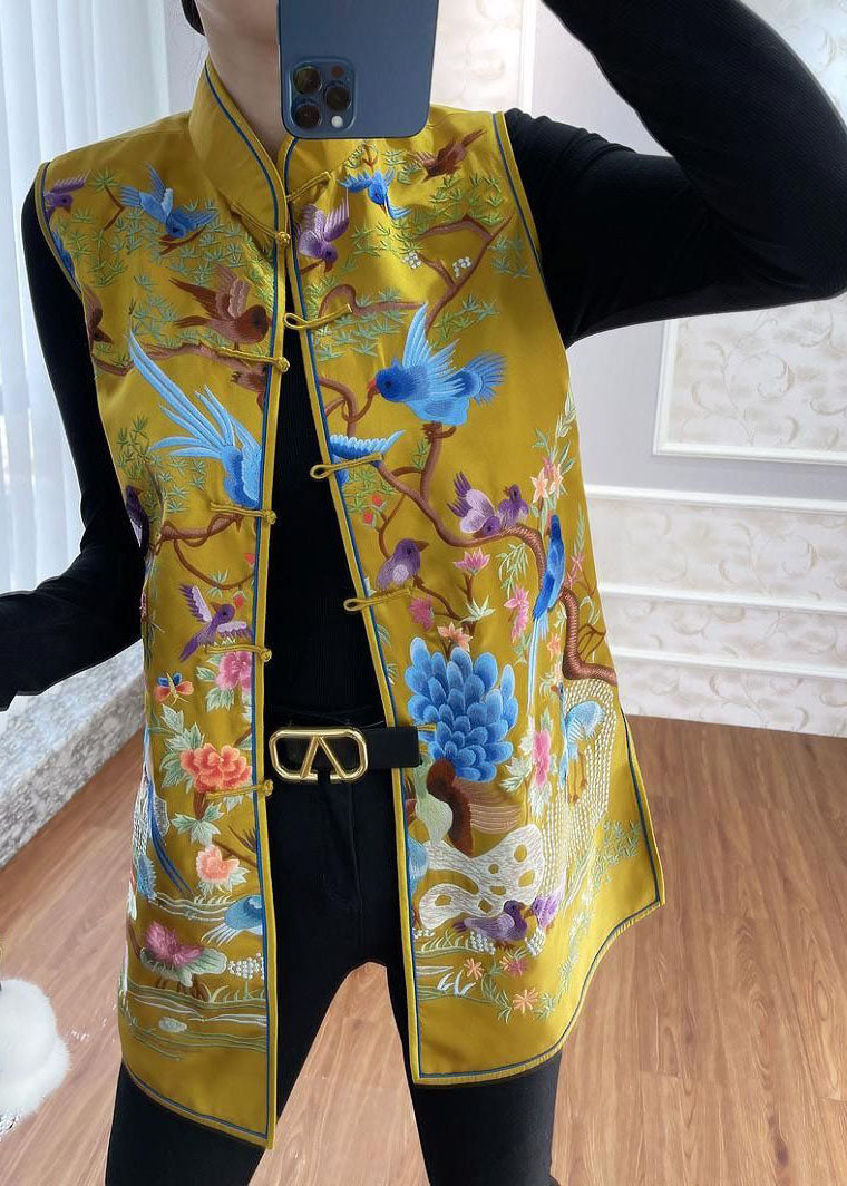 Diy Yellow Retro Print Side Open Button Fall Sleeveless Vest