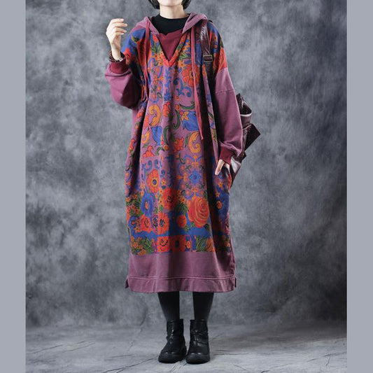 Loose Hoodie Print Long Fleece Dresses
