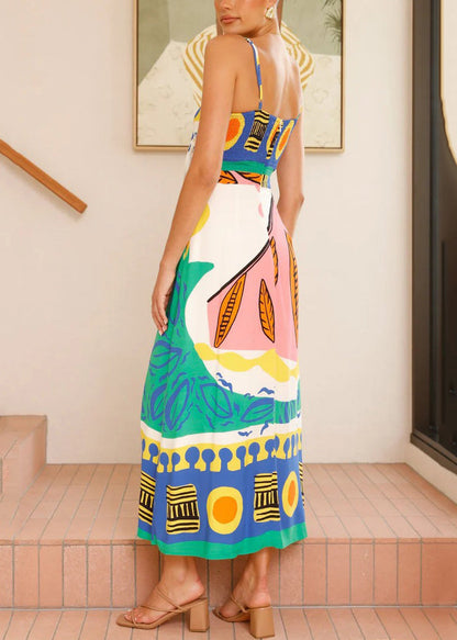 Blue V Neck Bow Side Open Long Dresses Sleeveless