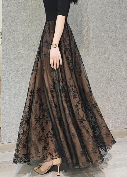 Chocolate Embroideried High Waist Flatering Tulle Maxi Skirt Spring