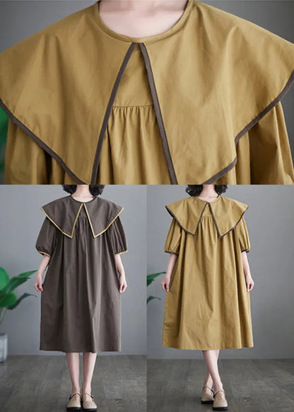 Chocolate Patchwork Cotton Long Dress Oversized O-neck Half Sleeve