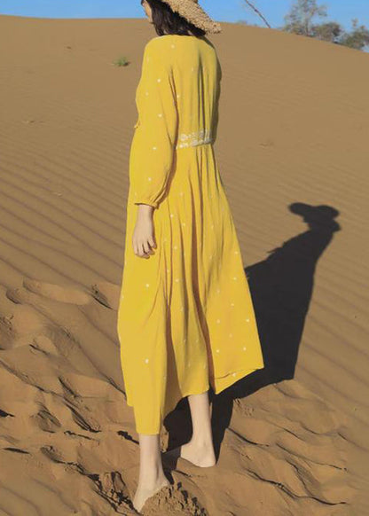 Yellow Embroidered Lace Up Cotton Long Dresses Bracelet Sleeve