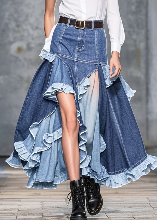 Blue Ruffled Patchwork Low High Design Denim Skirts Spring