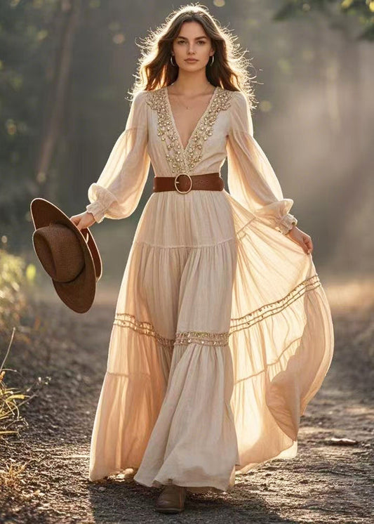 Beige Cinched Fuzzy Ball Decorated Exra Large Hem Dresses Spring
