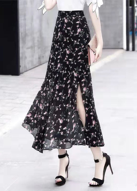 Handmade Black Asymmetrical Design Side Open Plaid Chiffon Skirts Spring