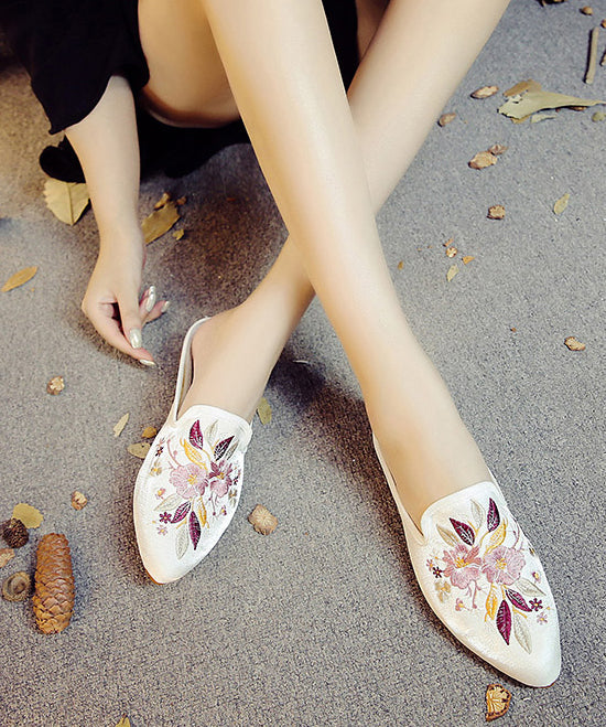 Black Embroideried Cotton Fabric Pointed Toe Slide Sandals