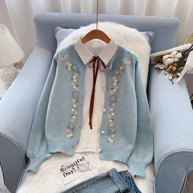 Gentle Fengsen Department Hand Embroidered Flower Sweater Coat 5053