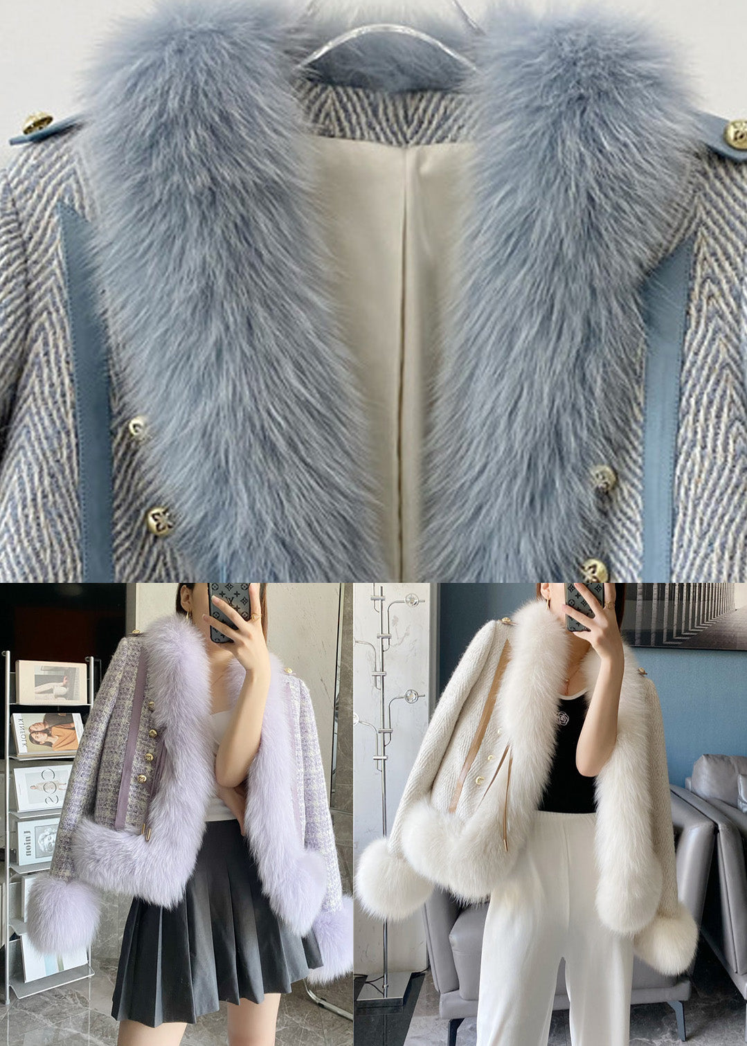 Purple Faux Fox Collar Button Leather and Fur Coat Winter