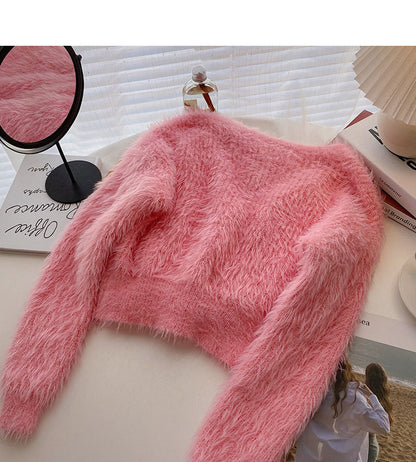 Mohair Sweater Small Flower Nail Bead Top Cardigan