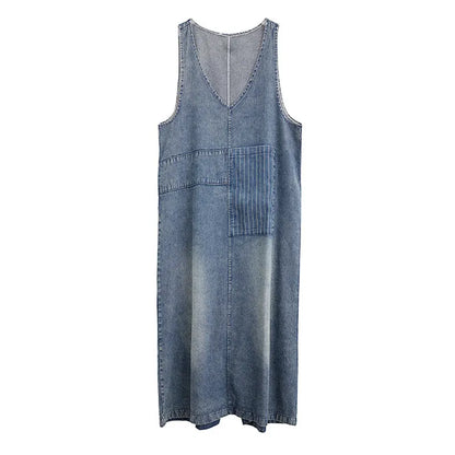 Literary Washed V-neck Sleeveless Denim Dress