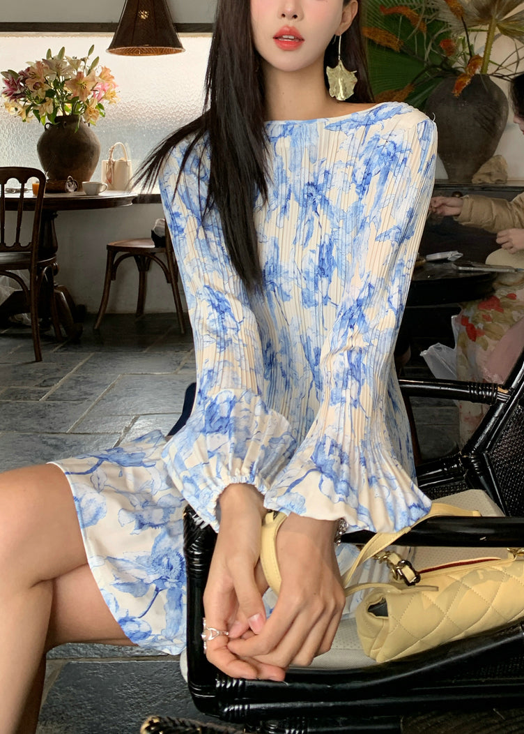 Blue Wrinkled Print Cotton Dress Flare Sleeve