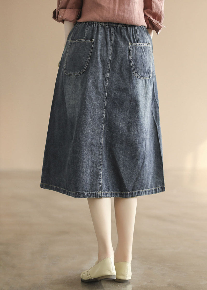 Dark Blue Elastic Waist Embroideried Cotton Denim Ripped Skirts Cozy