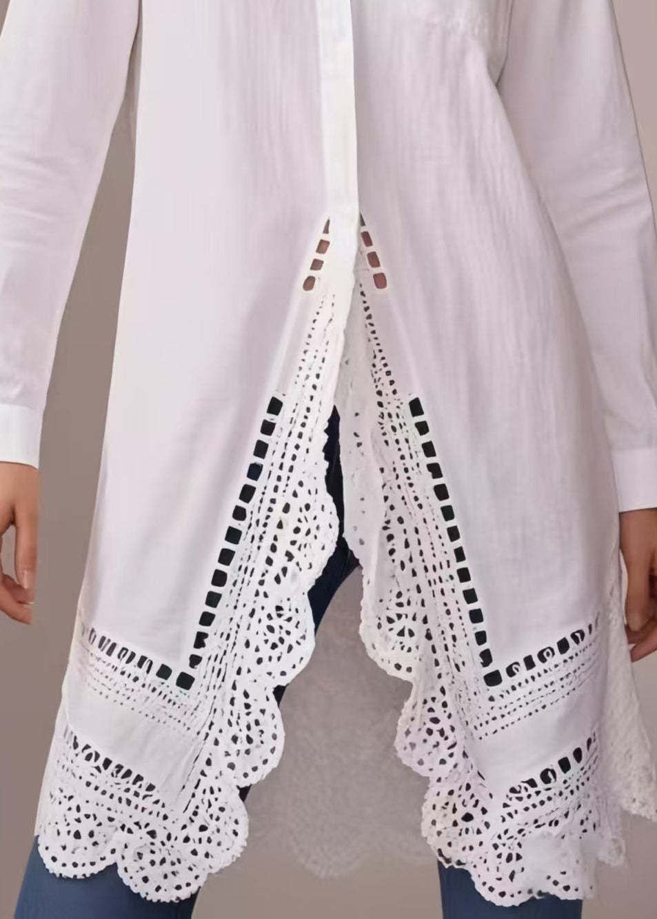 White Oversized Hollow Out Cotton Long Shirts Spring