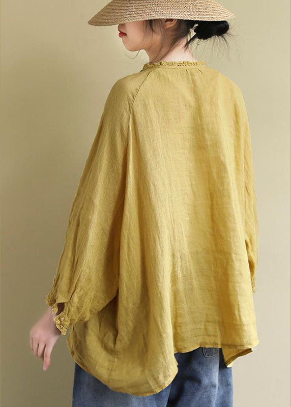 Yellow Button Embroidered Linen Shirts Long Sleeve