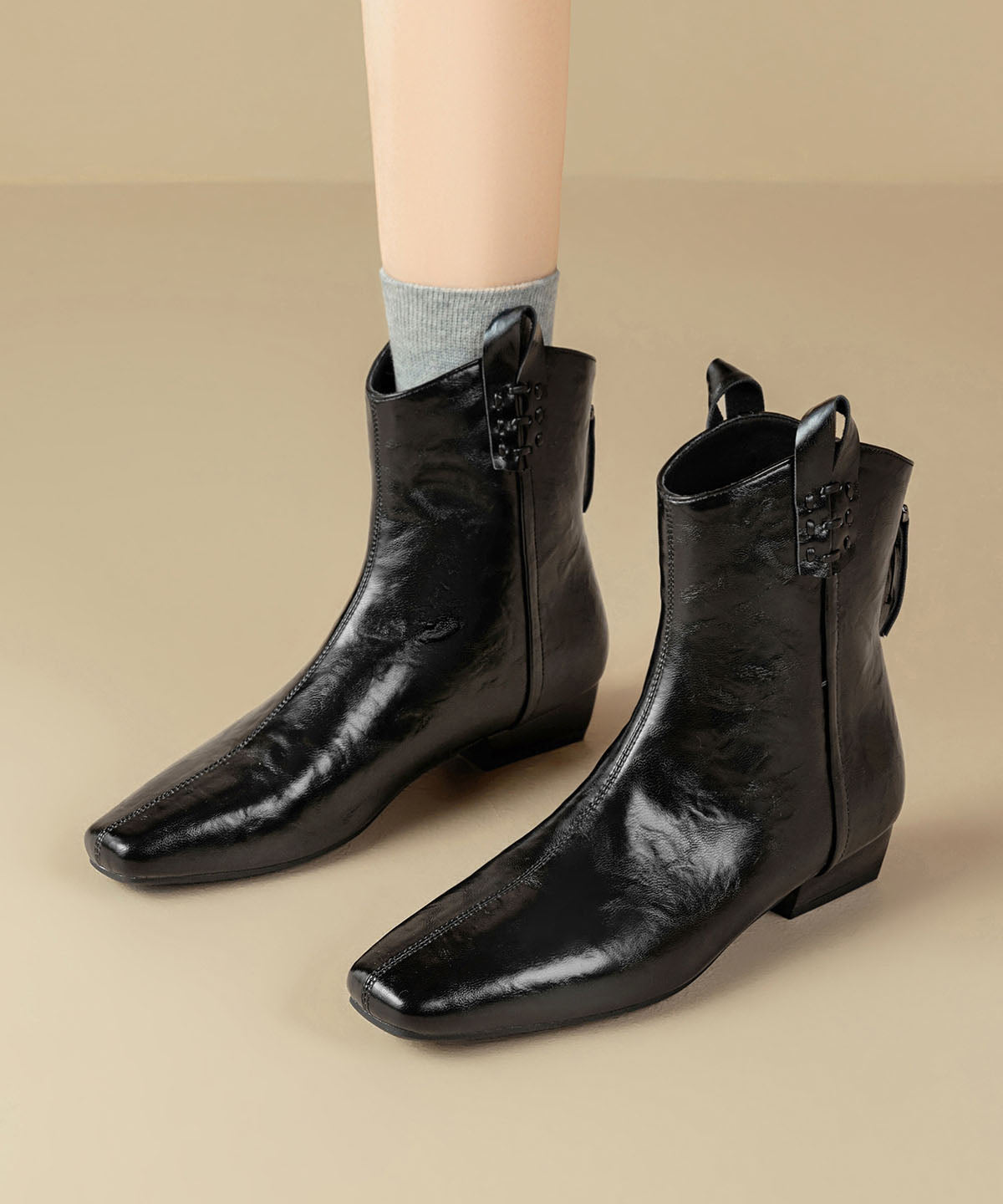 Black Chunky Faux Leather Splicing Boots