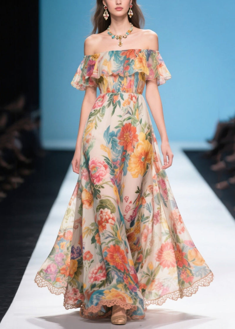 Khaki Cold Shoulder Print Chiffon Long Dress Summer