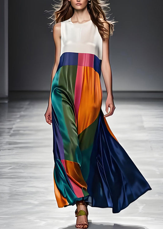 Colorblock O Neck Patchwork Silk Maxi Dresses Sleeveless