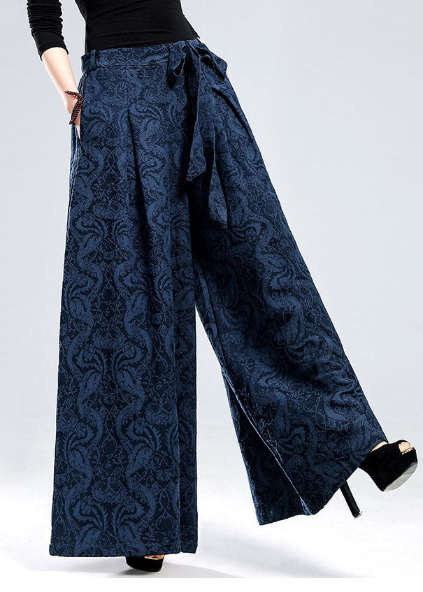 Blue Tie Waist Jacquard Linen Pants Winter
