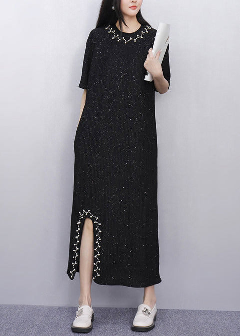 Black Sequins Side Open Cotton Straight Dress Summer