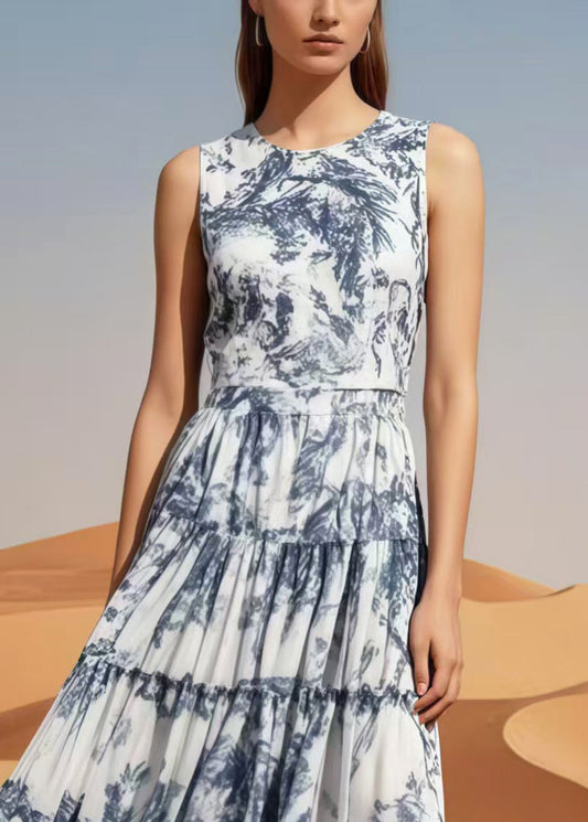 Exra Large Hem Print Chiffon Long Dress Sleeveless