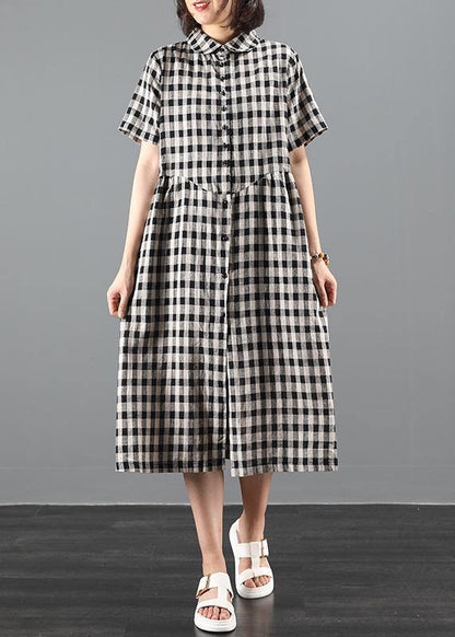 Lapel Cinched Summer Dress Work Black Plaid Maxi Dresses