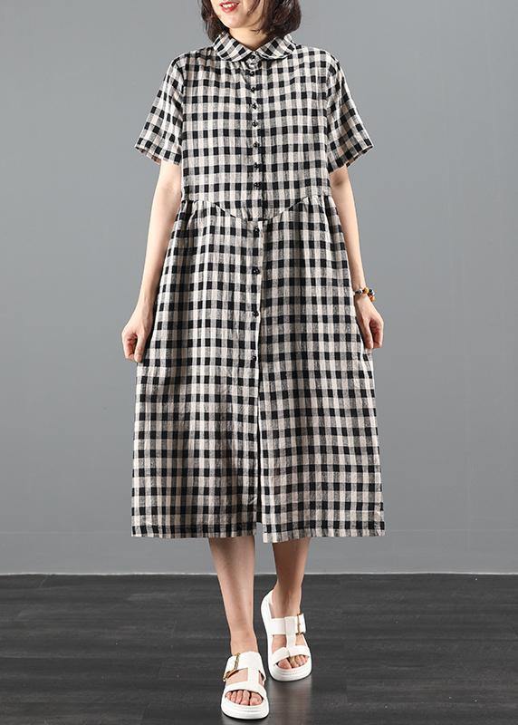 Lapel Cinched Summer Dress Work Black Plaid Maxi Dresses