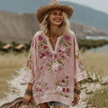 Love & Health Collection Retro Western Women Style Vintage  Pink Striped And Floral Patchwork Art Linen Shirt elevenforest