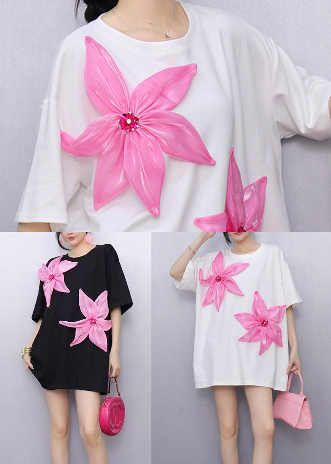 Black Oversized Decorated Cotton Tops Summer