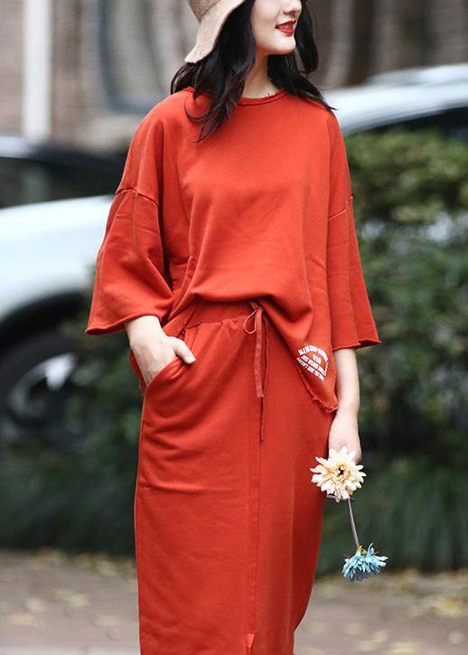 New Cotton Orange Two Pieces Half Sleeve Tops and Elastic Skirts