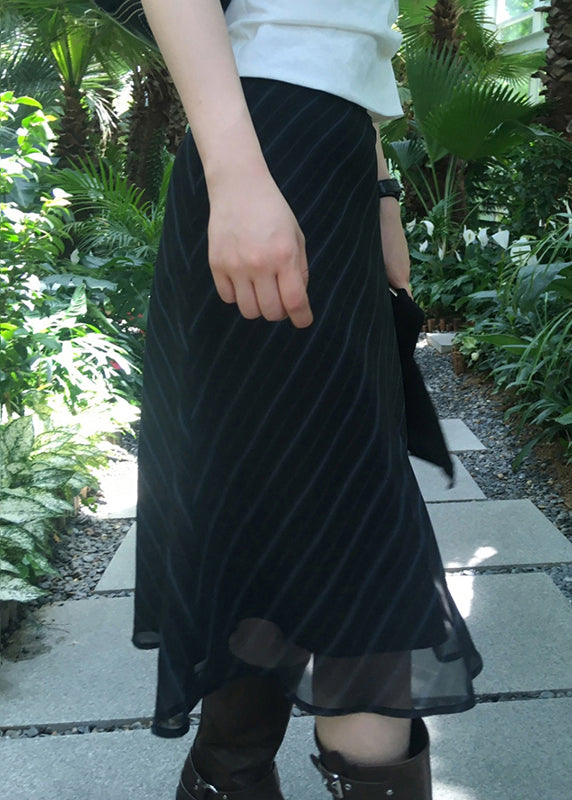 Navy Striped High Waist Patchwork Chiffon Skirt Summer