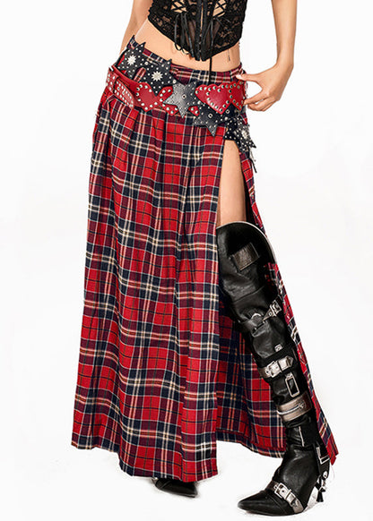 Red Plaid Side Open Maxi Skirts Summer