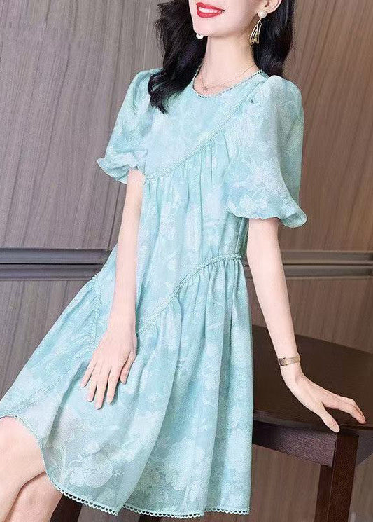 Light Blue O-neck Wrinkled Mid Dress Puff Sleeve