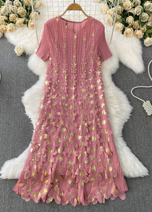 Handmade Pink V Neck Wrinkled Cotton Dresses Summer