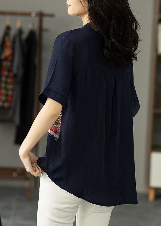 Navy Print Zircon Patchwork Cotton Shirt Tops Summer
