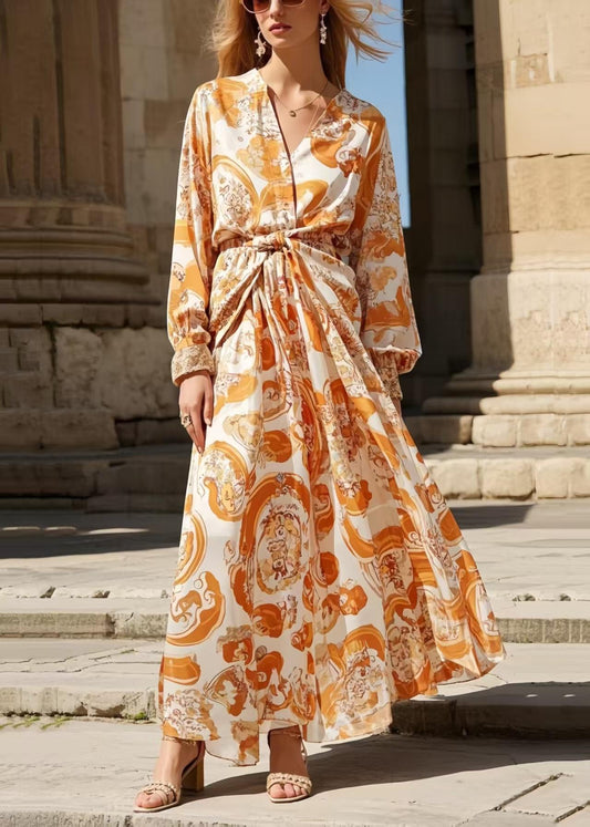 Orange Cinched Print Chiffon Shirt Dress Spring