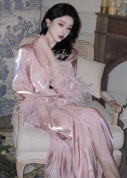Pink V Neck Feather Patchwork Silk Dresses Long Sleeve