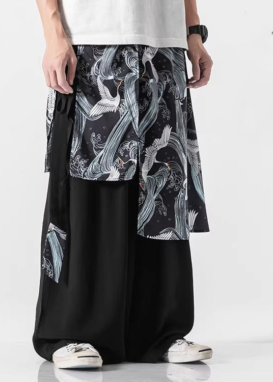 Boutique Black Pockets Print Patchwork Cotton Pants Skirt Summer