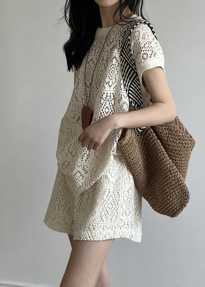 Beige O-neck Hollow Out Top and Shorts Two Pieces Set Summer