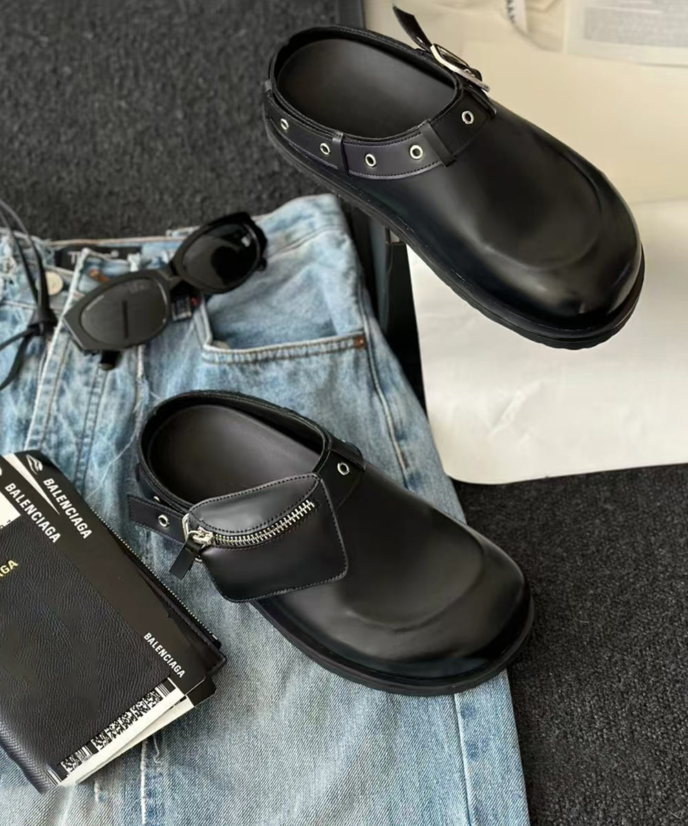 Splicing Platform Black Cowhide Leather Slide Sandals