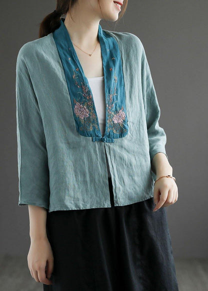 Purple Retro Embroideried Patchwork Summer Linen Blouse