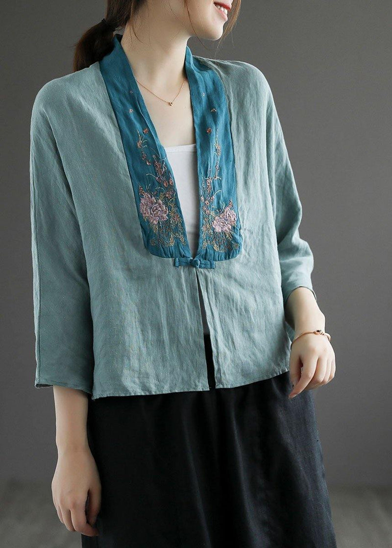 Purple Retro Embroideried Patchwork Summer Linen Blouse