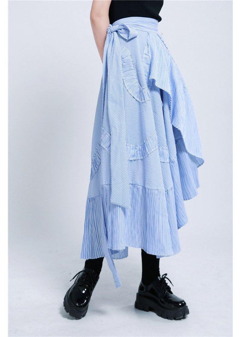 Boutique Blue Striped Tie Waist Ruffled Skirt Summer