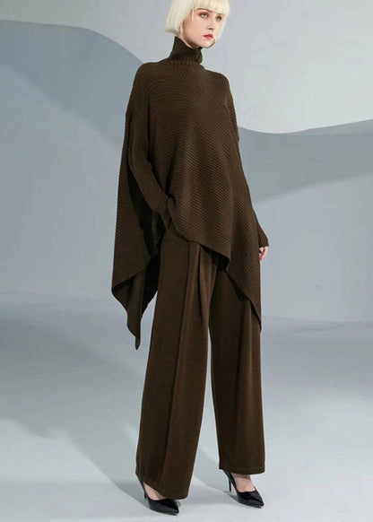 Diy Coffee Turtle Neck Asymmetrical Wool Sweater Tops Long Sleeve