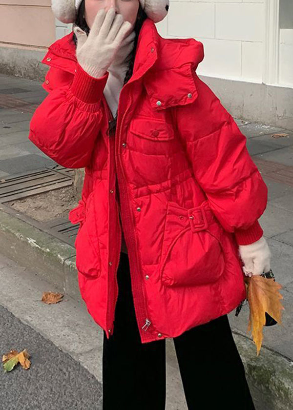 Red Zip Up Drawstring Pockets Duck Down Hooded Coat Winter