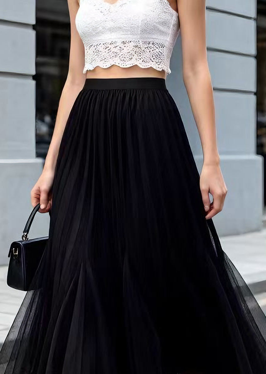 Modern Black Wrinkled Elastic Waist Tulle Skirt Summer