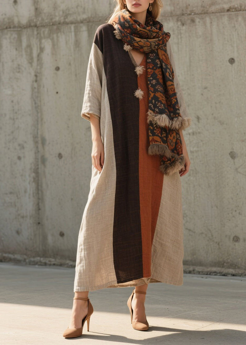 Colorblock Oversized Patchwork Cotton Long Dresses Bracelet Sleeve