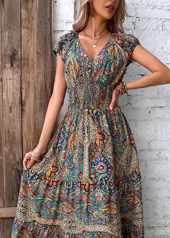 Loose V Neck Print Cotton Long Dress Summer